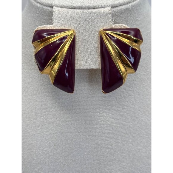 Napier Vintage Gold Tone Purple Enamel Half Moon Fan Screw Back Clip On Earrings - Picture 1 of 6